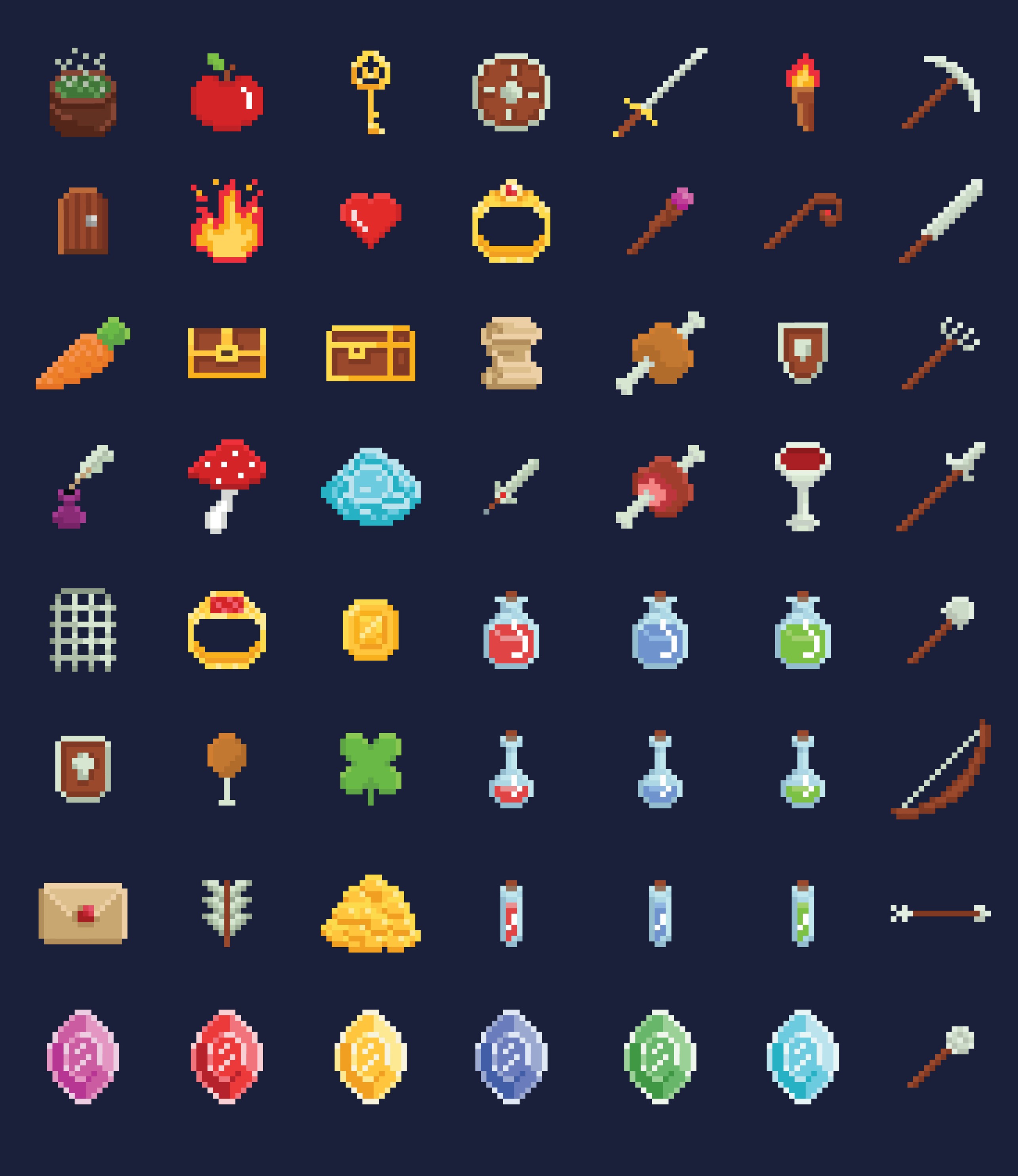 Pixel art vector game design icon video game interface set. Weapons, food, items, potion, magic.