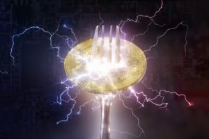 an electrified fork stabbing through a crypto token