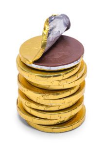 a stack of chocolate coins