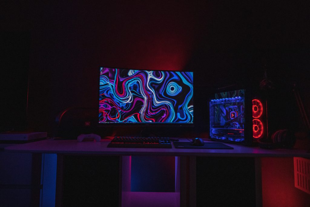 PC gaming setup in the dark