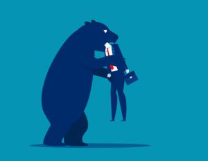 cartoon bear eating man in a suit