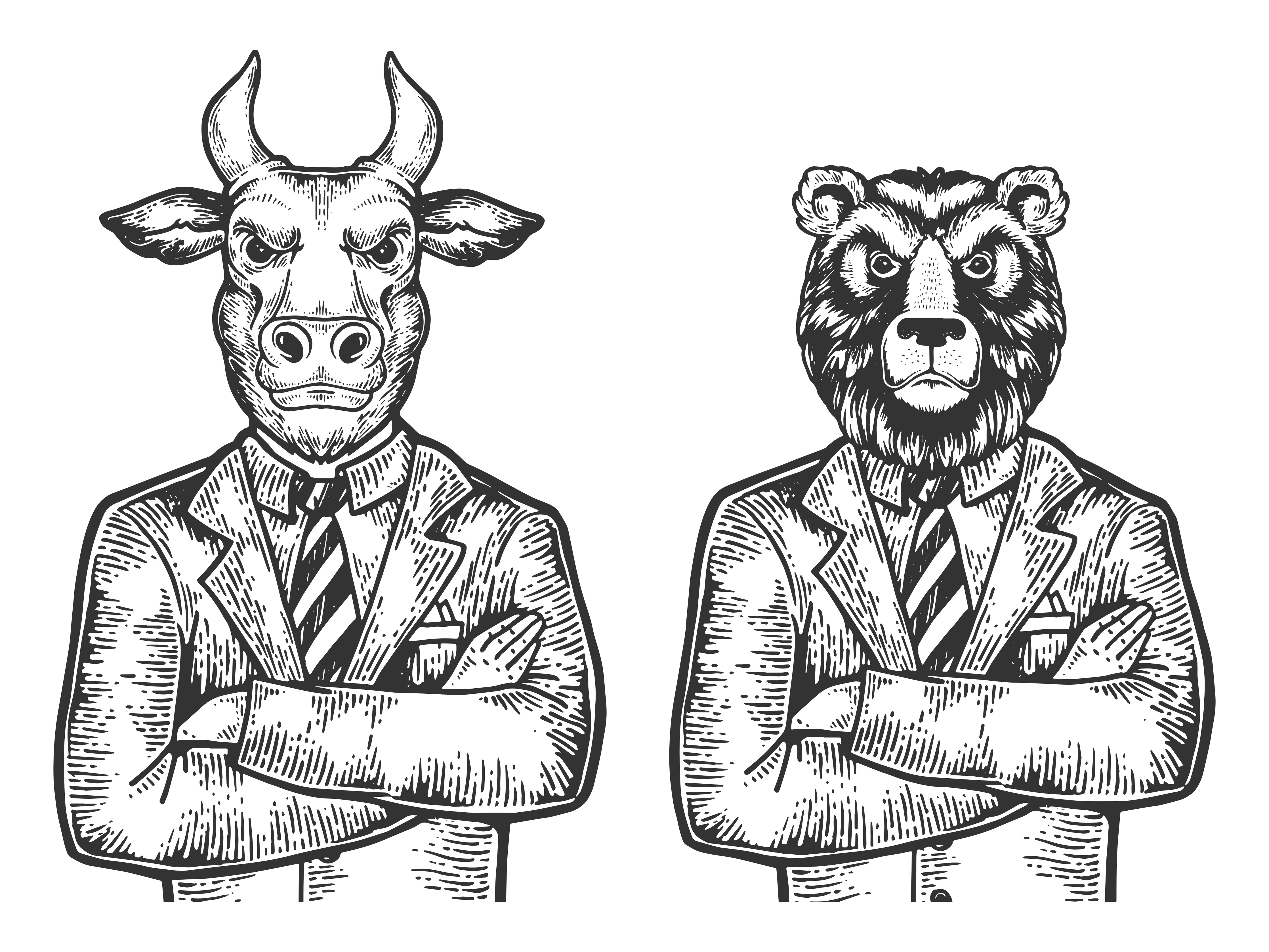 Cartoon bear and bull in suits with arms crossed