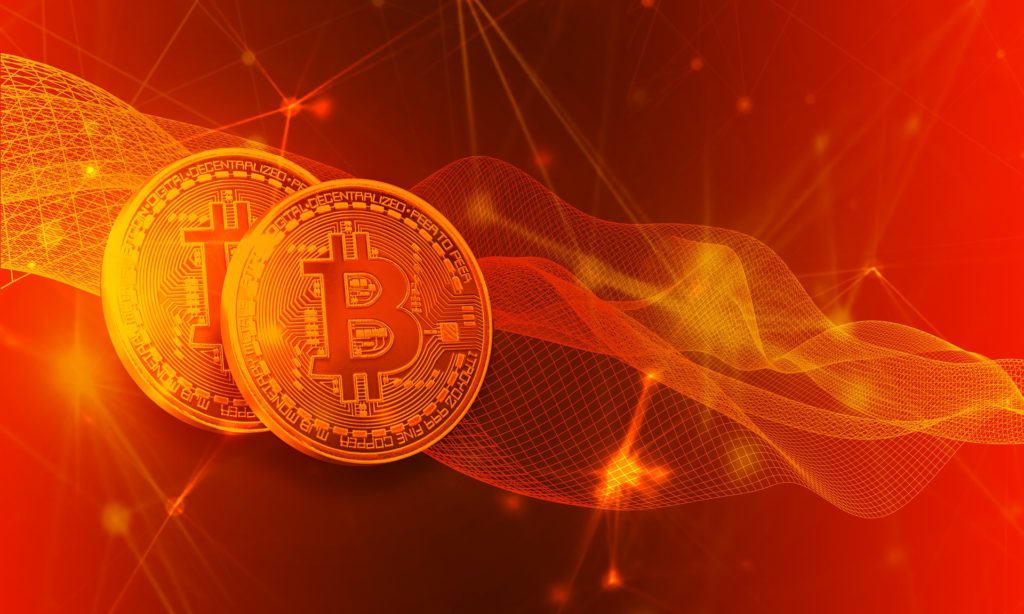 Two red Bitcoins floating
